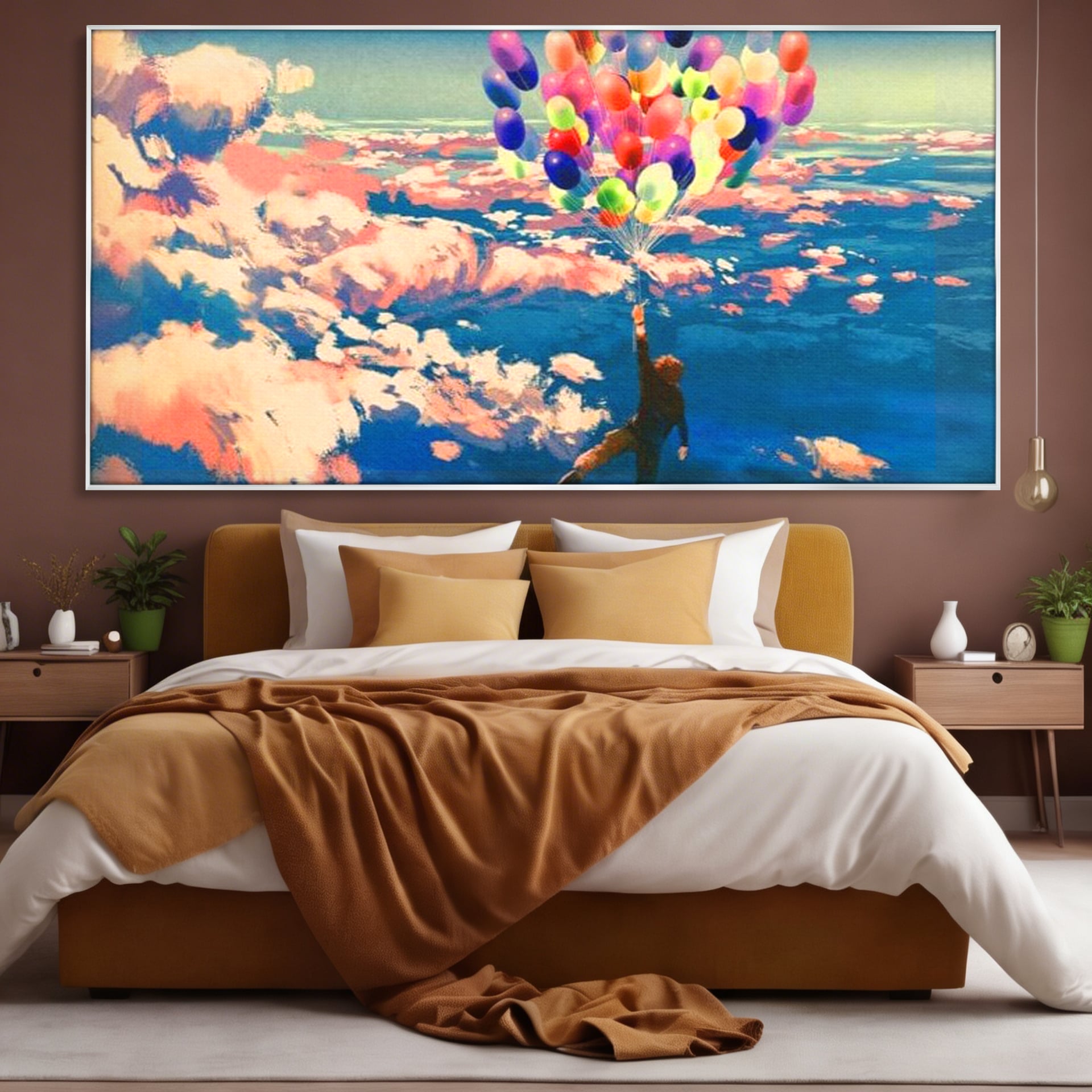 Tablou canvas cu tablou canvas cu om zburand cu baloane, in rama de aluminiu argintiu, pe perete intr-un dormitor